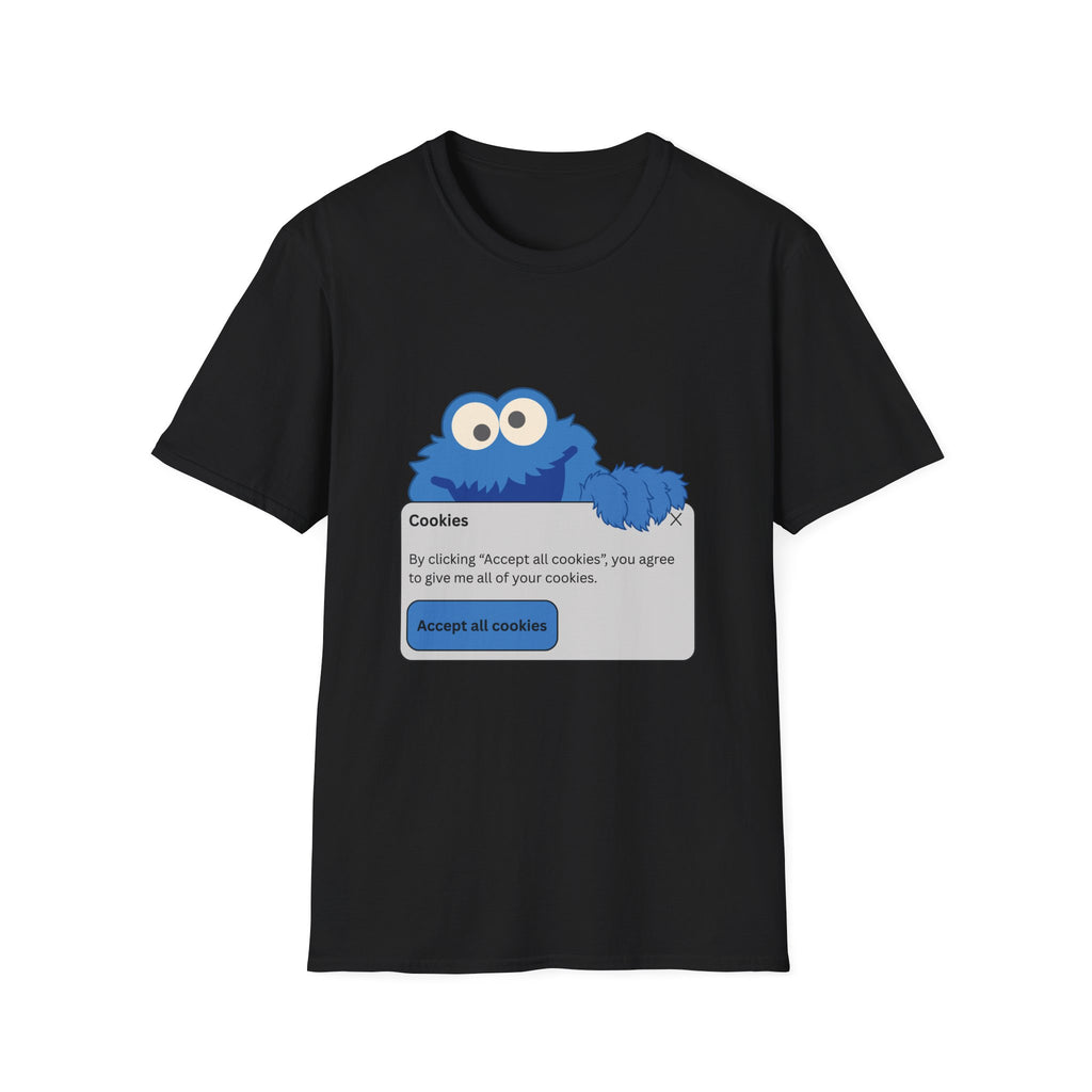 Black t-shirt with Cookie Monster design resembling a cookie consent dialog box on a white background
