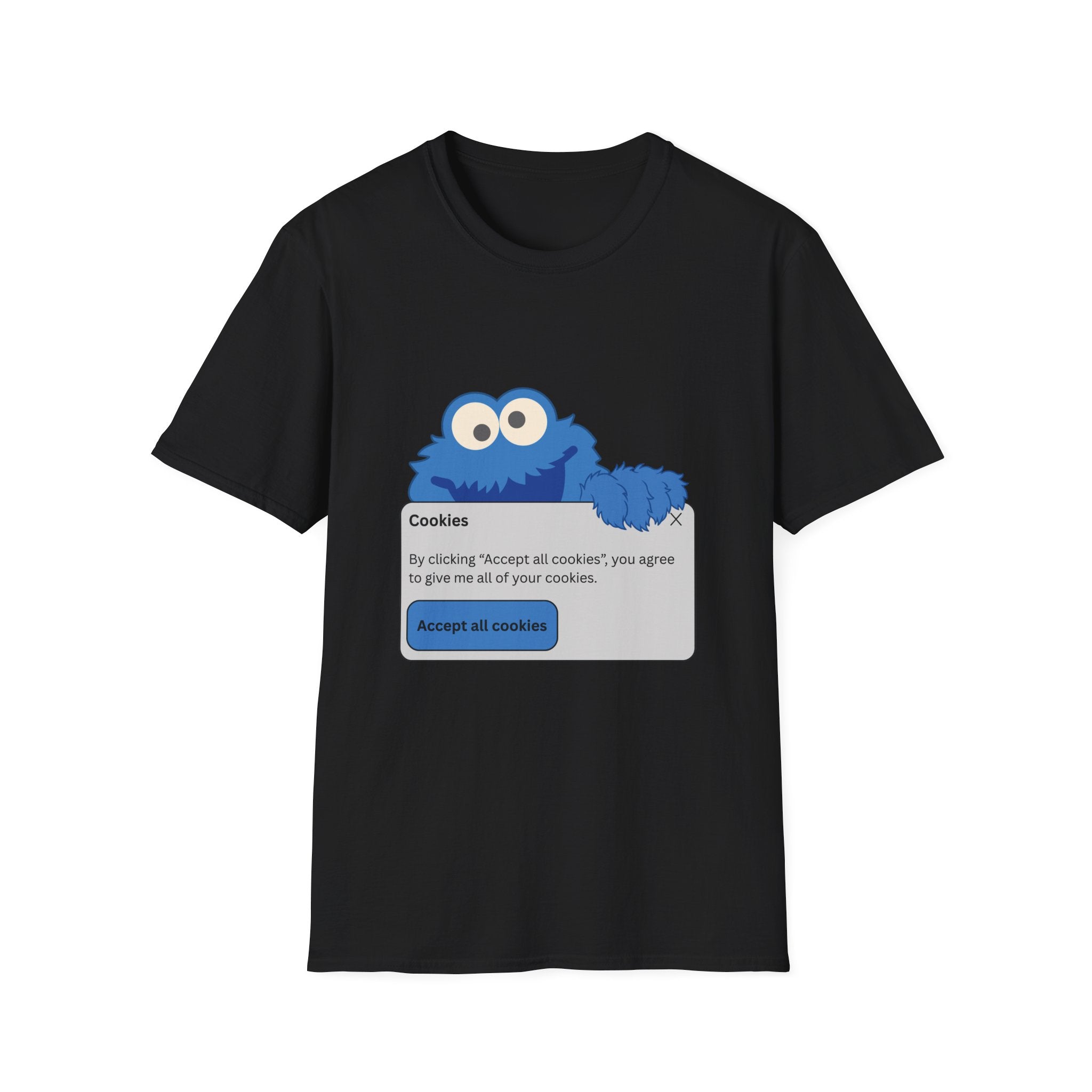 Black t-shirt with Cookie Monster design resembling a cookie consent dialog box on a white background