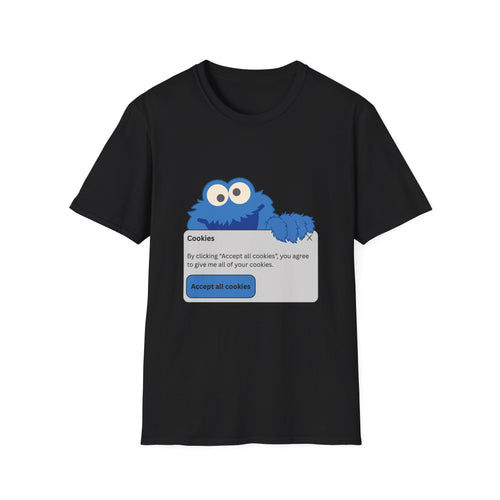 Black t-shirt with Cookie Monster design resembling a cookie consent dialog box on a white background