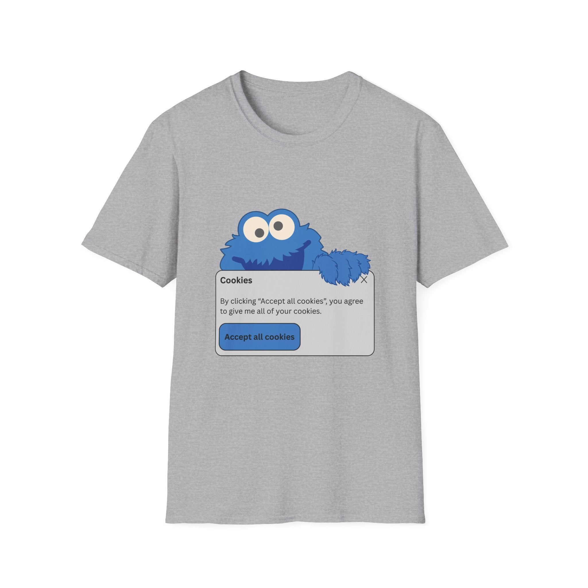 Gray t-shirt with Cookie Monster graphic and text on a white background