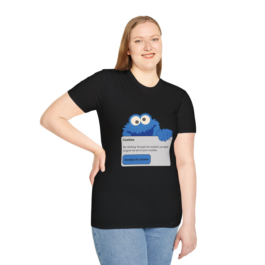 Person wearing a black t-shirt with a cookie monster graphic and text.