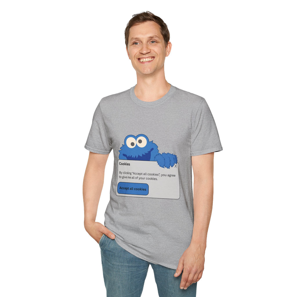 Person wearing a gray t-shirt with a Cookie Monster design on a white background
