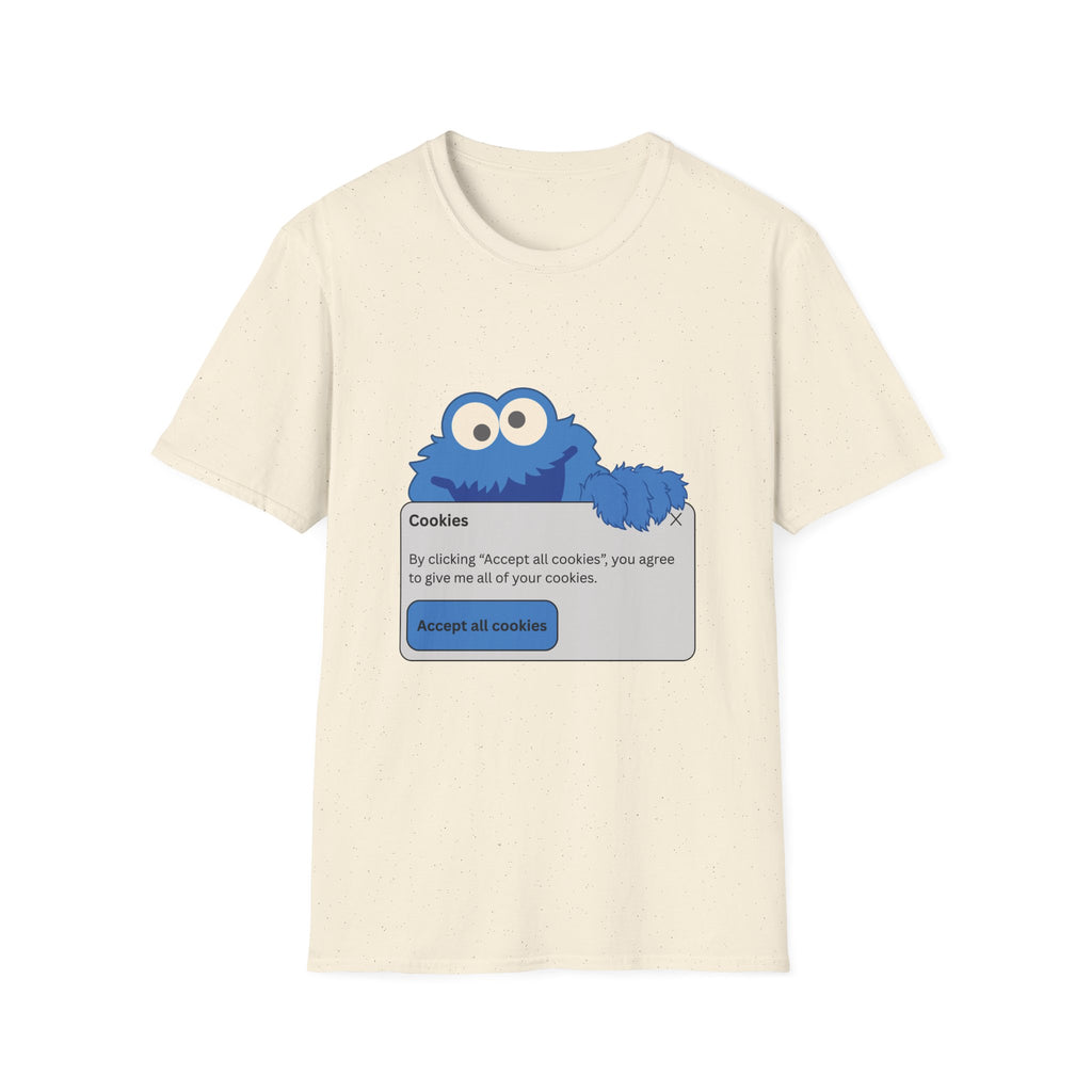 Beige t-shirt with Cookie Monster design featuring a cookie consent banner on a white background