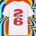 White t-shirt with red number '26' and England emblem on a colourful abstract background