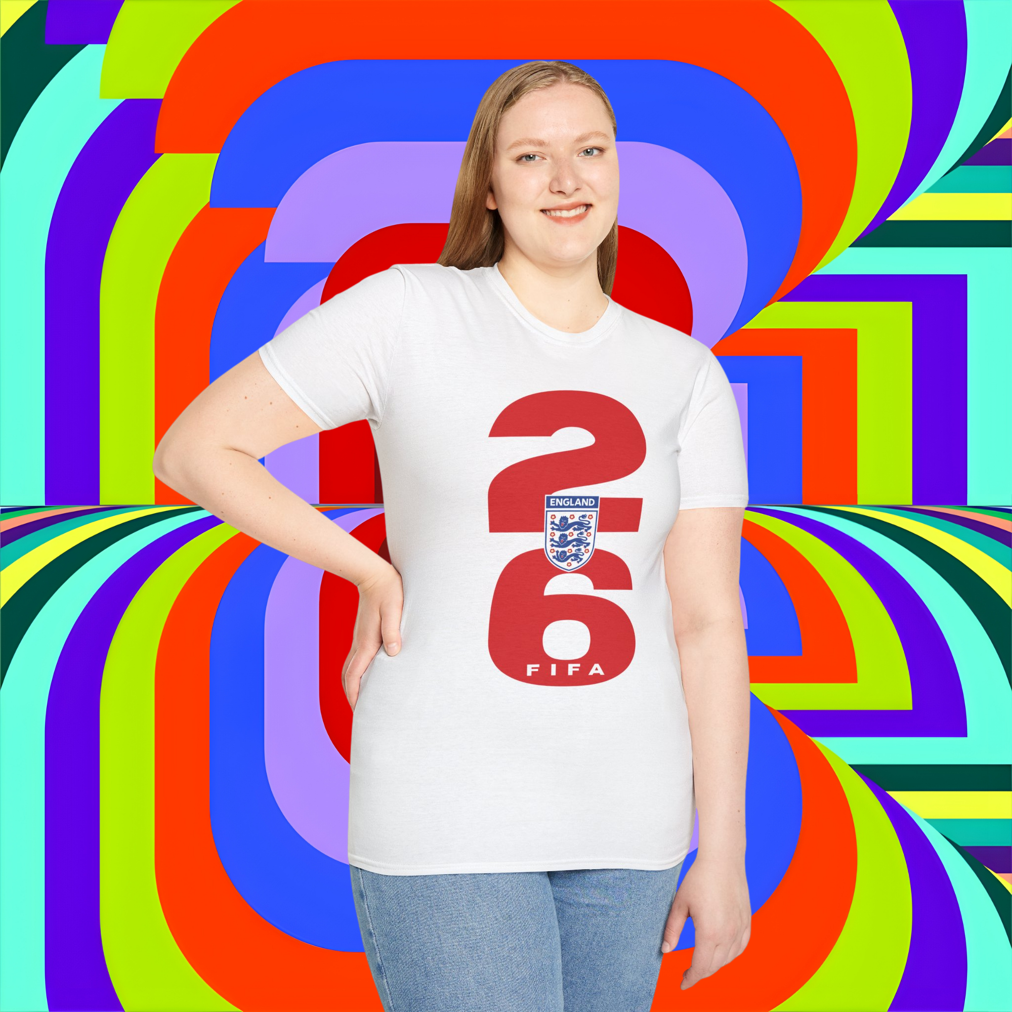 Person wearing a white t-shirt with red text and logo against a colorful, abstract background