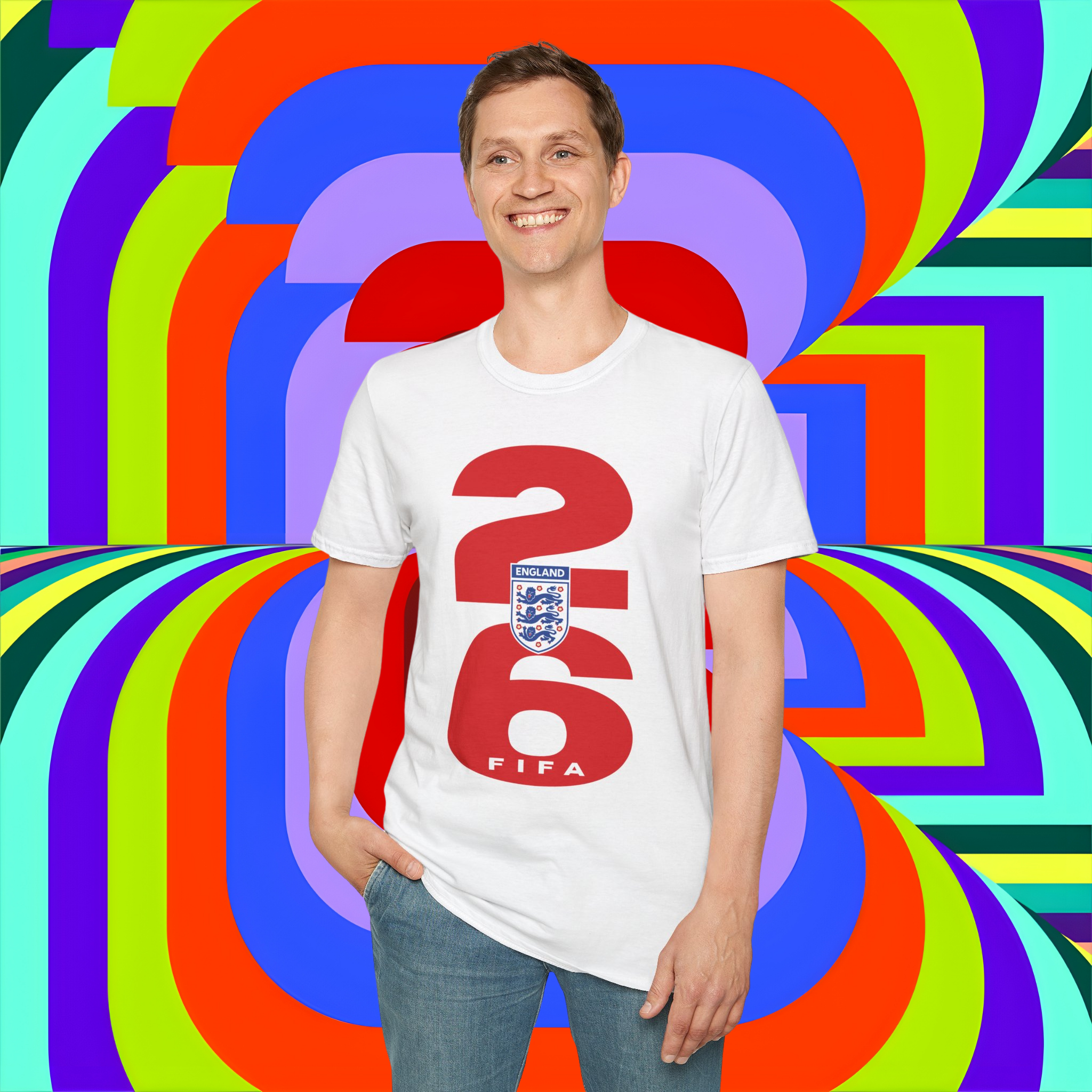 Person wearing a white t-shirt with red text and logo against a colorful, abstract background