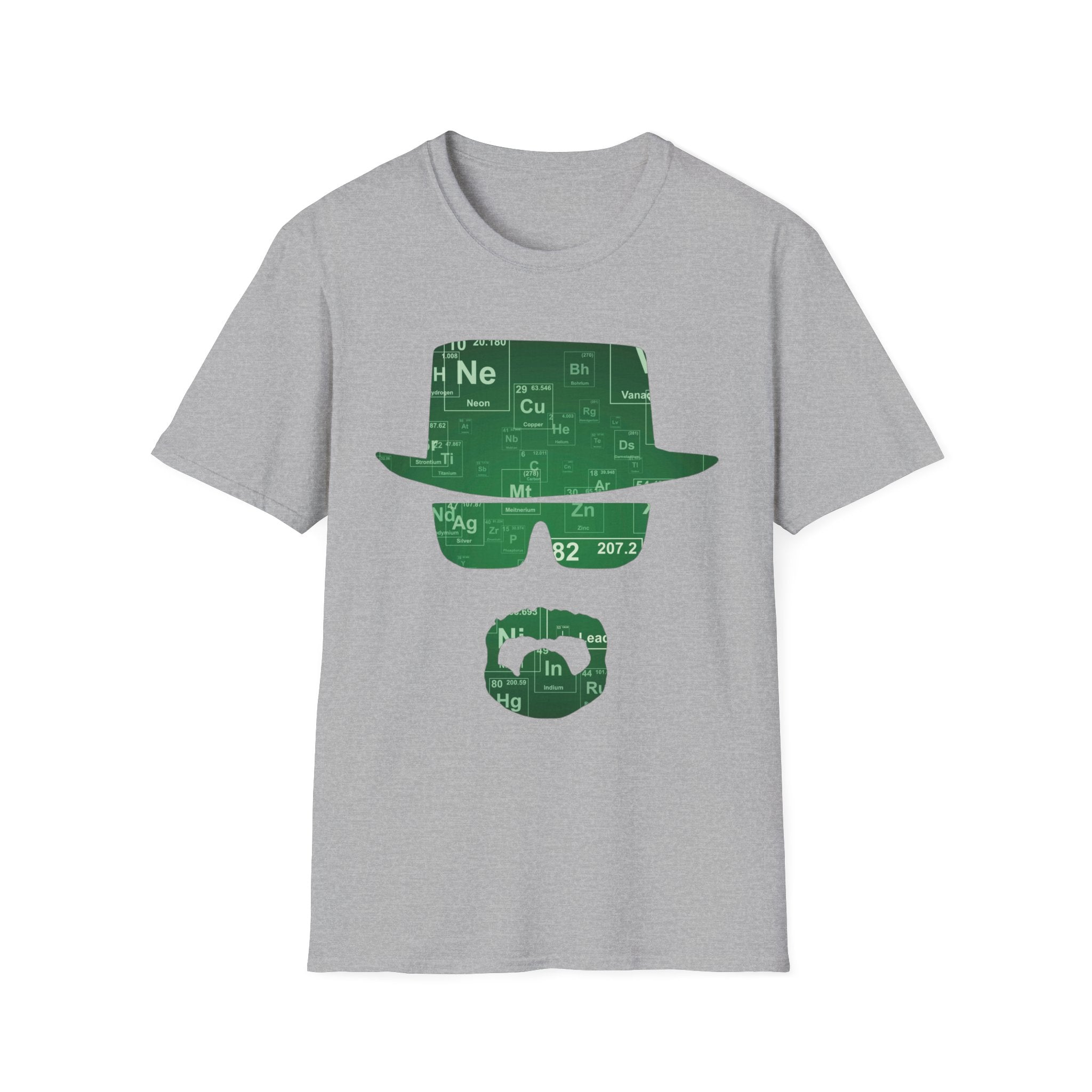 Gray t-shirt with green graphic design on a white background