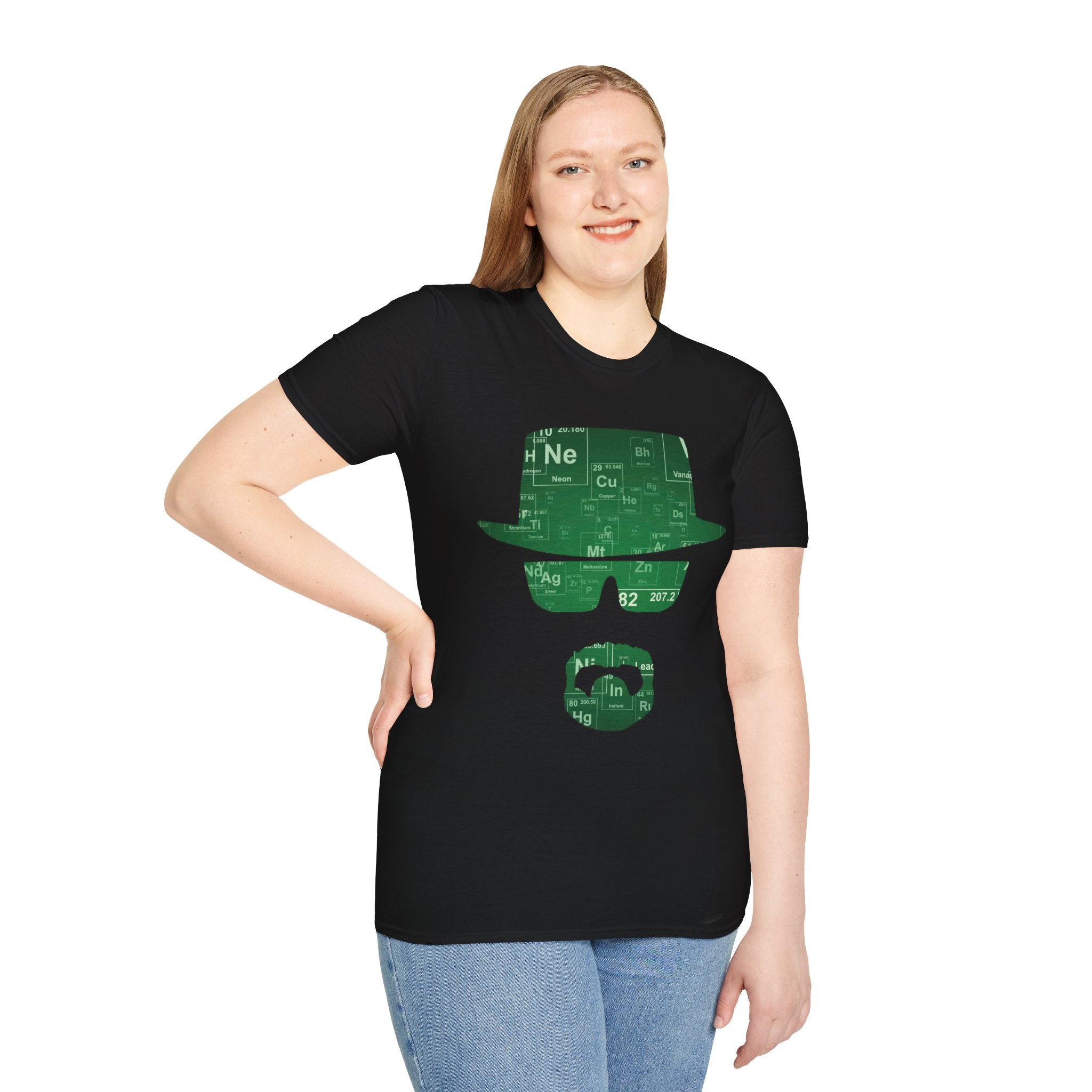 Person wearing a black t-shirt with green graphic design on a white background