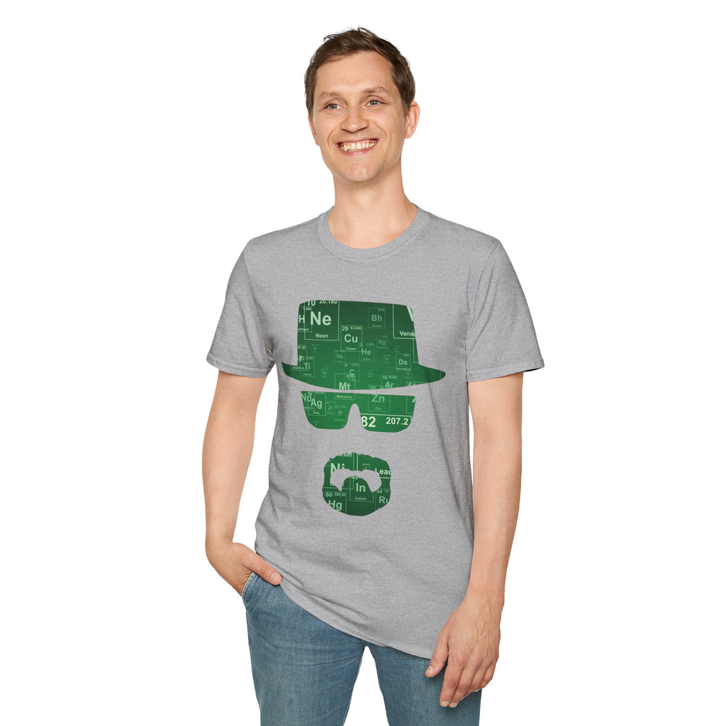 Person wearing a gray t-shirt with a green graphic design on a white background