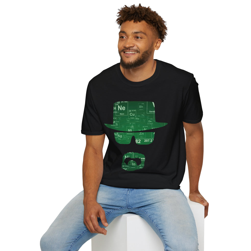 Man wearing a black t-shirt with a green graphic design on a white background