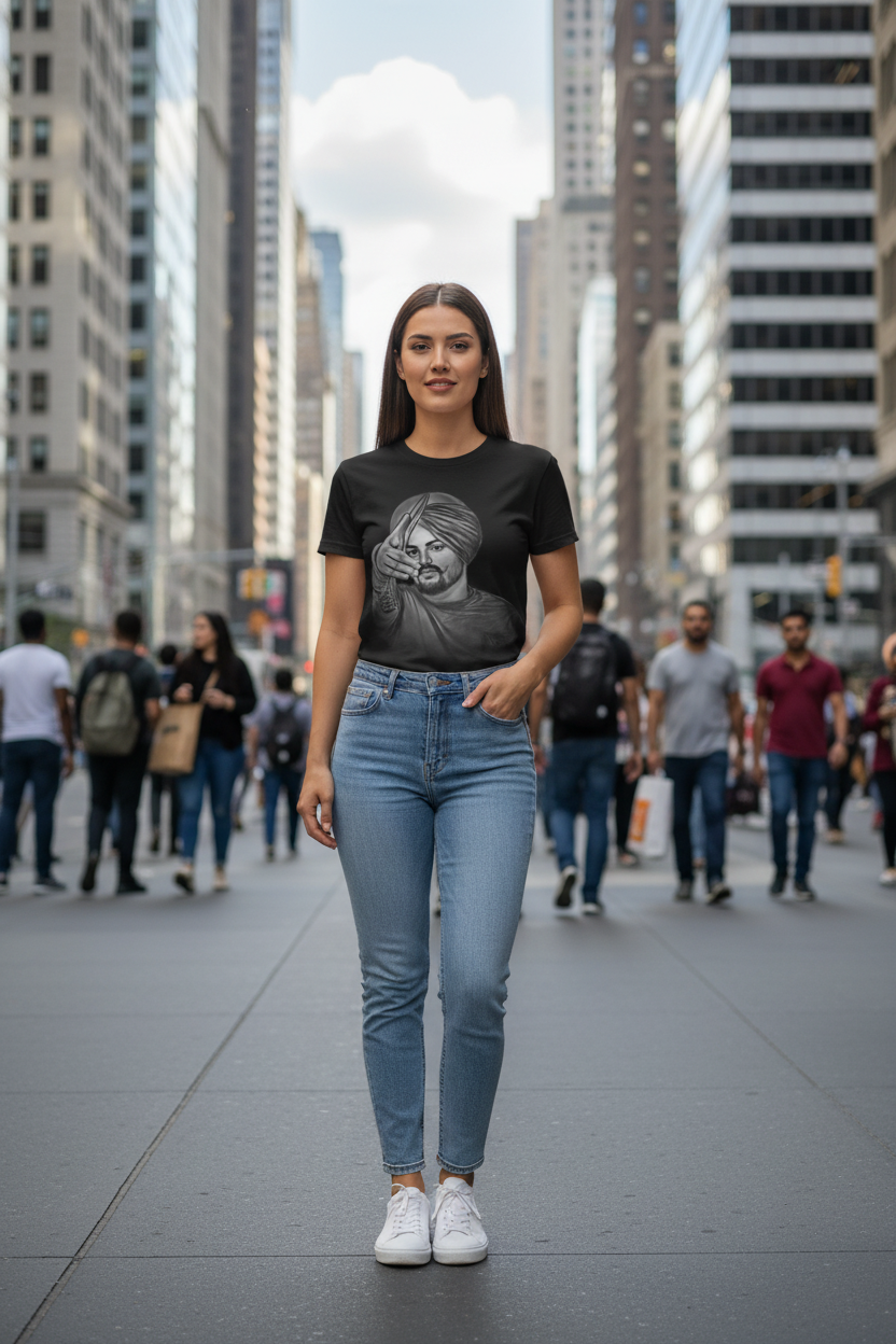 Female model in black t-shirt on crowded street