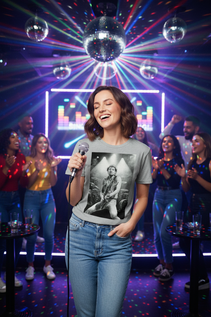 Female model singing at karaoke in grey Bruce Springsteen T-Shirt
