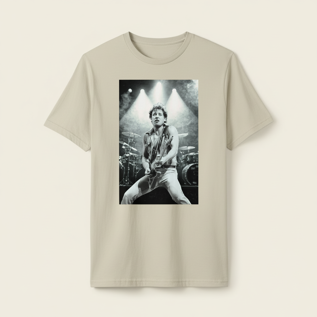 Sand Bruce Springsteen t-shirt on neutral background