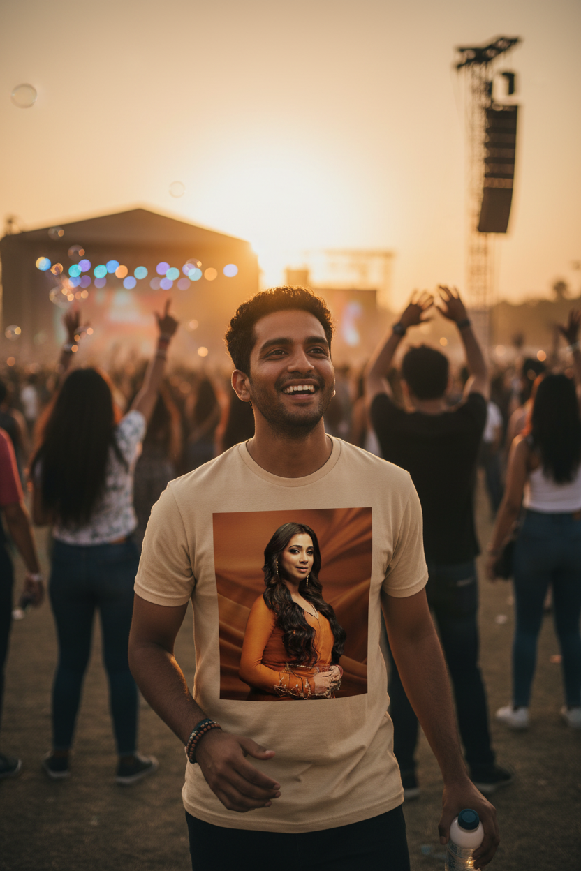 Model wearing sand Shreya Ghoshal T-Shirt at festival