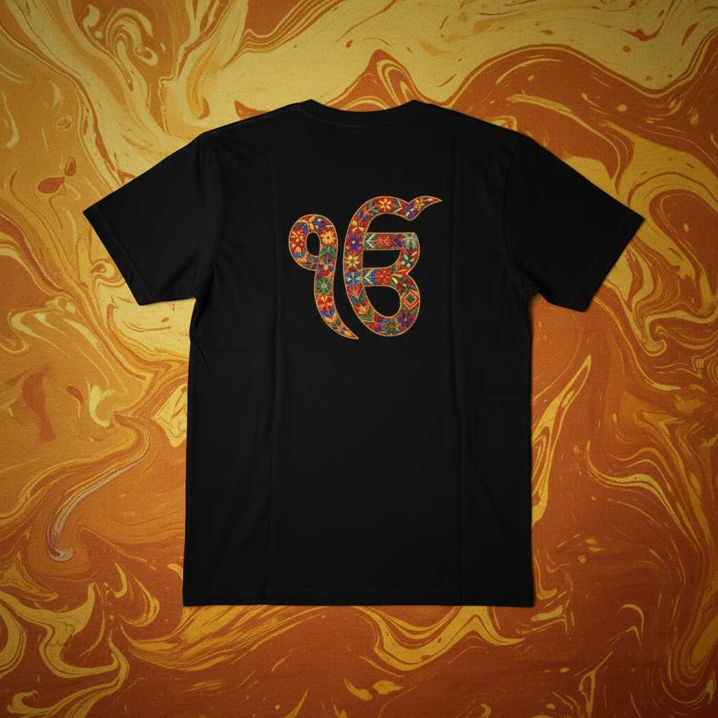 Ik Onkar floral print black t-shirt with gold yellow orange background