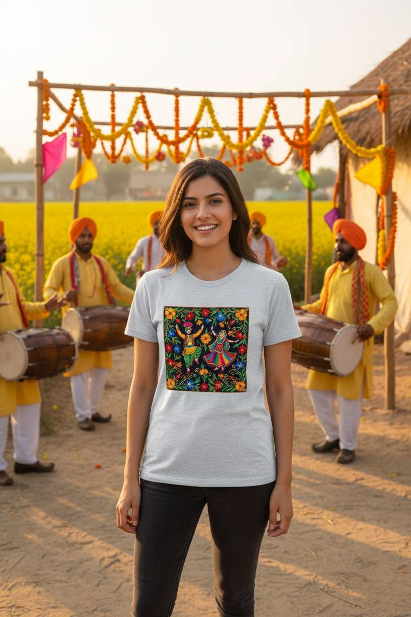 Female model in grey Bhangra t-shirt vibrant Punjabi village