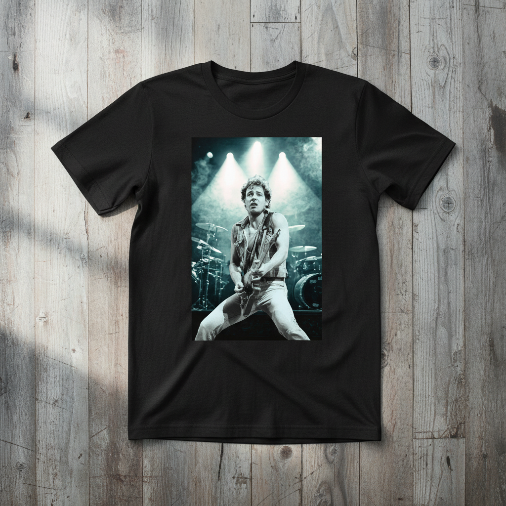 Black Bruce Springsteen t-shirt on wood background