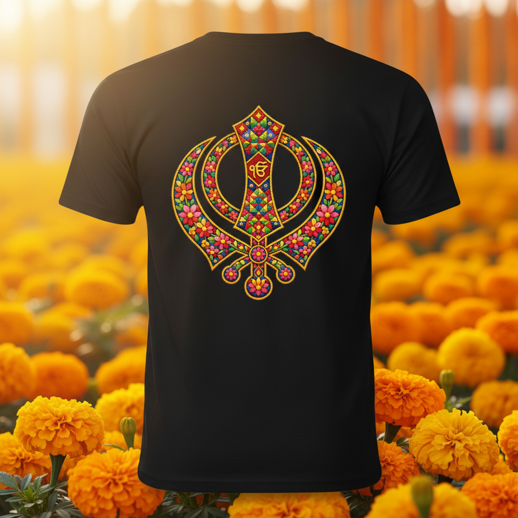 Black tee front - Khanda floral design Vaisakhi