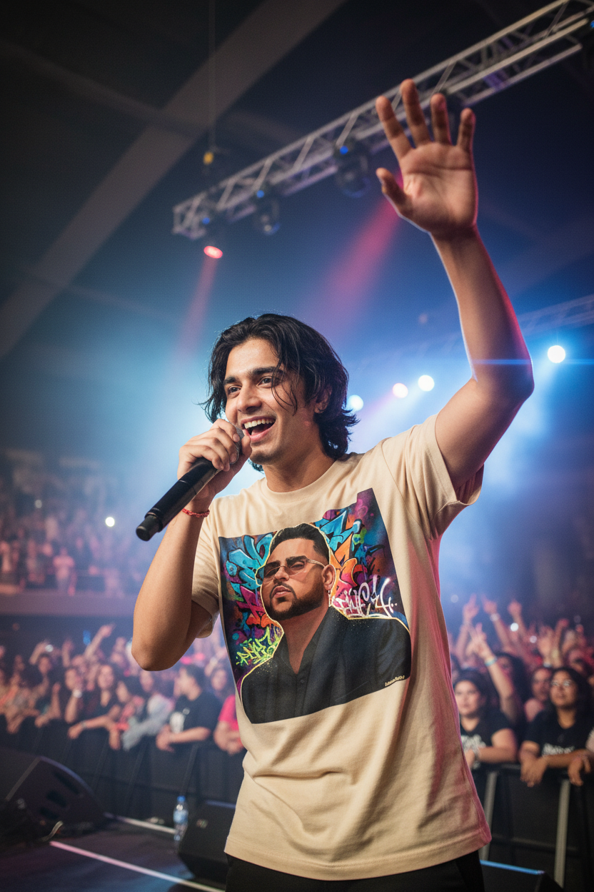 Model wearing sand Karan Aujla T-Shirt at concert