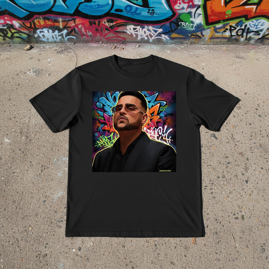 Black Karan Aujla T-Shirt with graffiti background