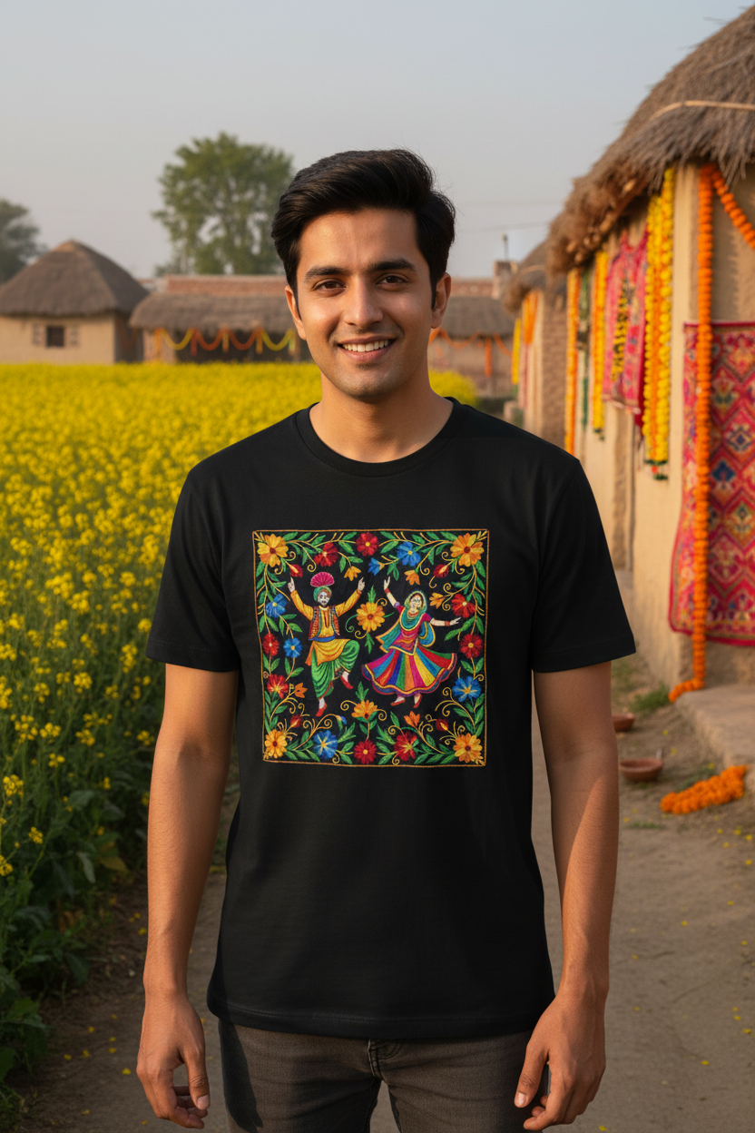 Model wearing black Bhangra t-shirt in Punjabi village
