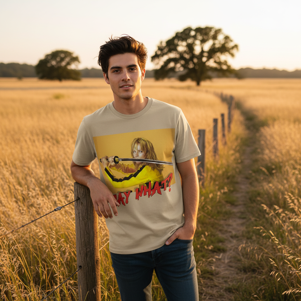 Male model wearing Say What Kill Bill sand graphic tee outdoors