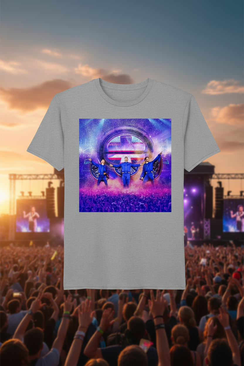 Grey Take That concert t-shirt with graphic print at outdoor festival