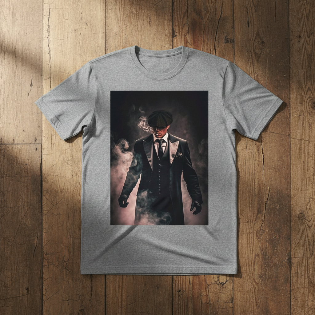 Grey Peaky Blinders T-Shirt on wooden floor