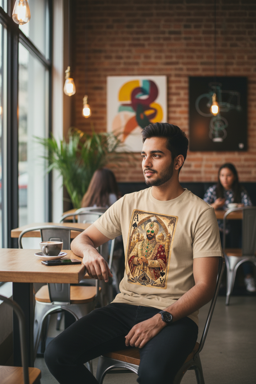 Model wearing sand Maharaja T-Shirt in cafe