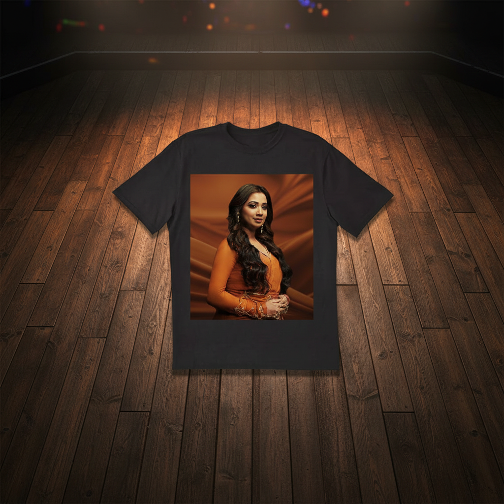 Black Shreya Ghoshal T-Shirt on stage floor