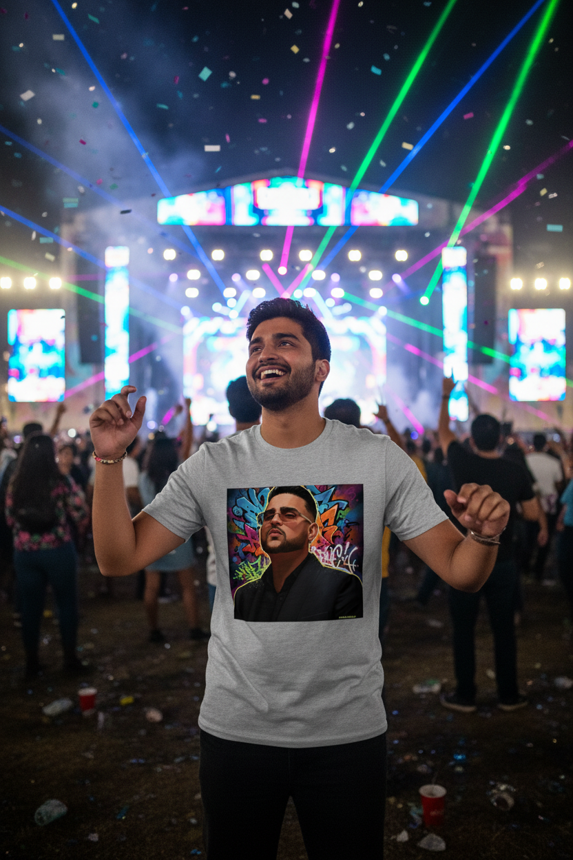 Model wearing grey Karan Aujla T-Shirt dancing at festival