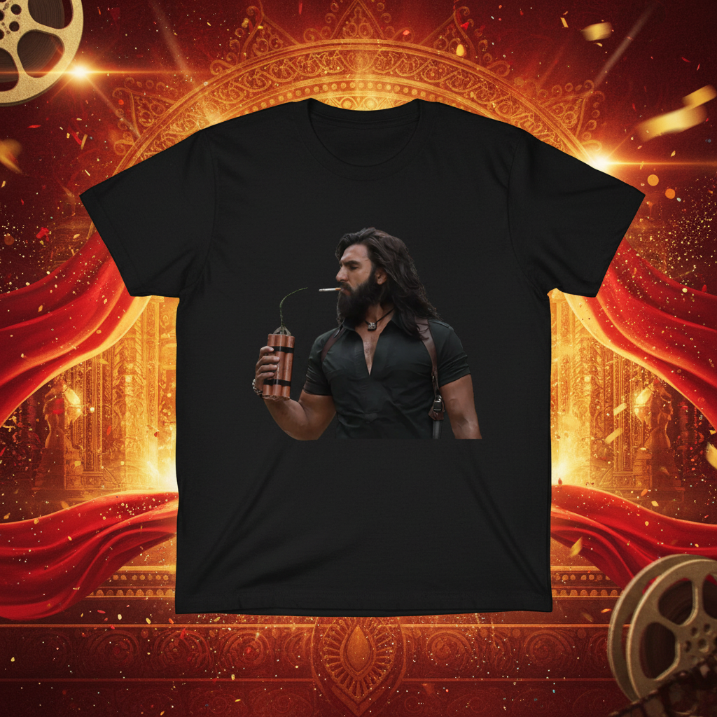 Black t-shirt with Bollywood themed background