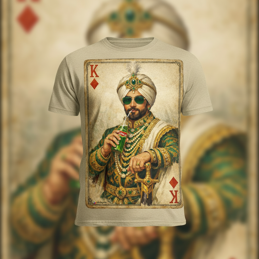 King of Diamonds Punjabi Badshah graphic tee in sand with blurred card background