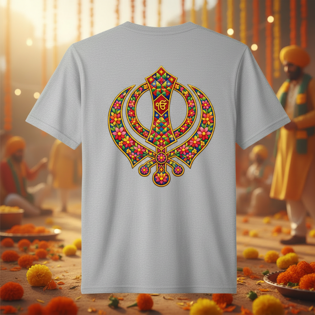 Light grey tee back - Khanda floral design Vaisakhi