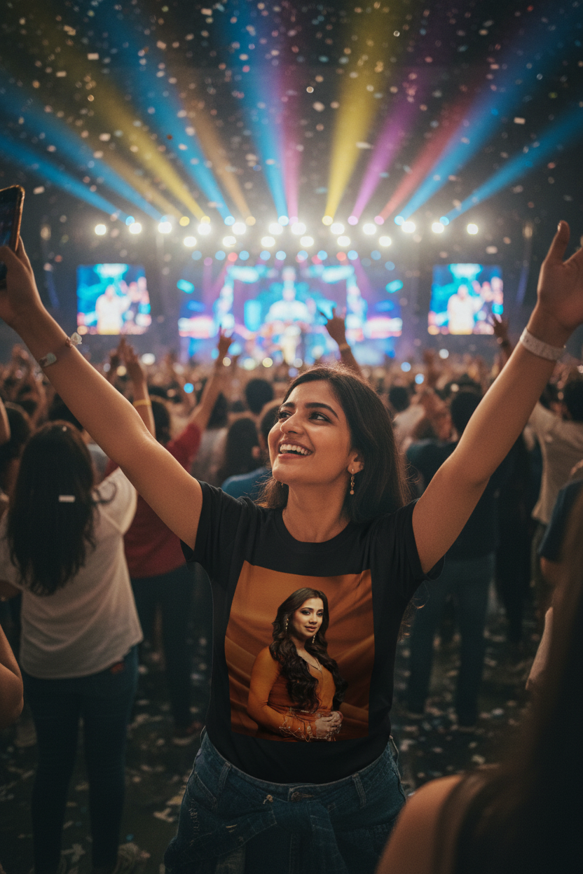 Model wearing black Shreya Ghoshal T-Shirt at concert