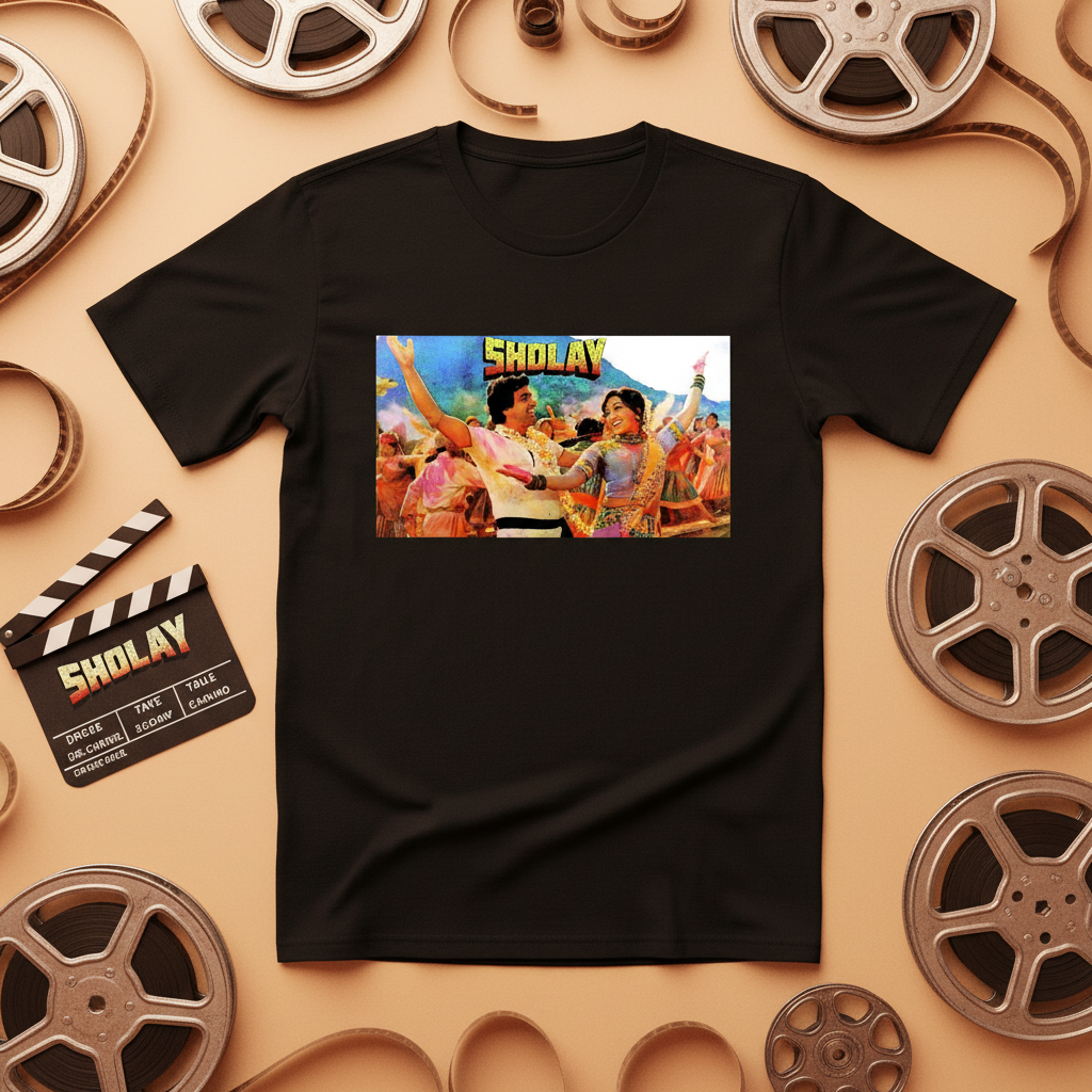 Black Sholay T-Shirt on cinema background