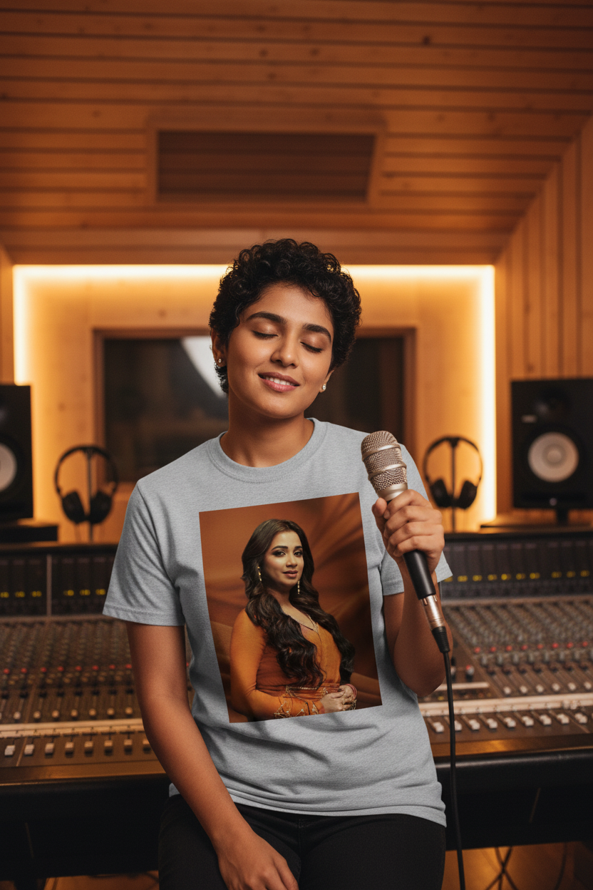 Model wearing grey Shreya Ghoshal T-Shirt in studio