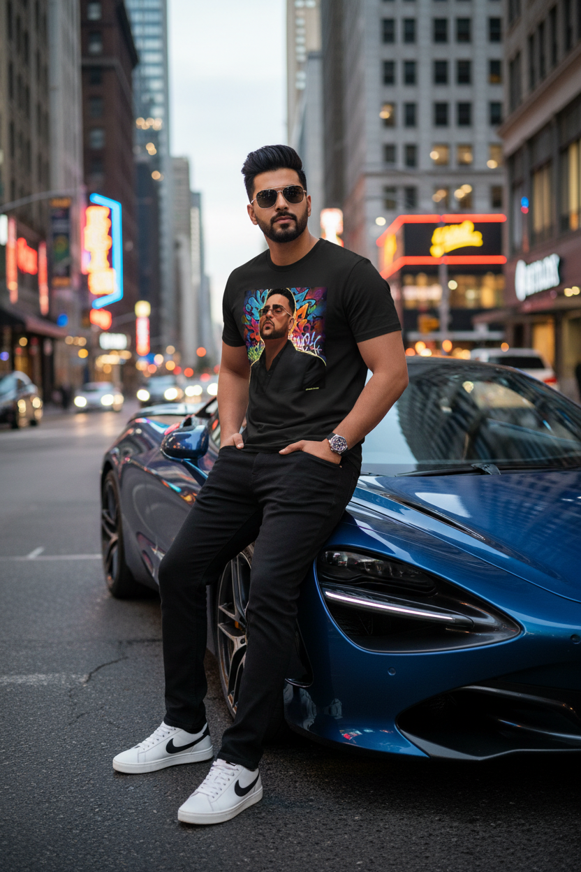Model wearing black Karan Aujla T-Shirt with sports car