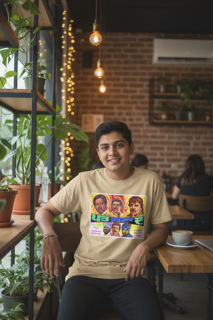 Model wearing sand Classic Punjabi Film T-Shirt