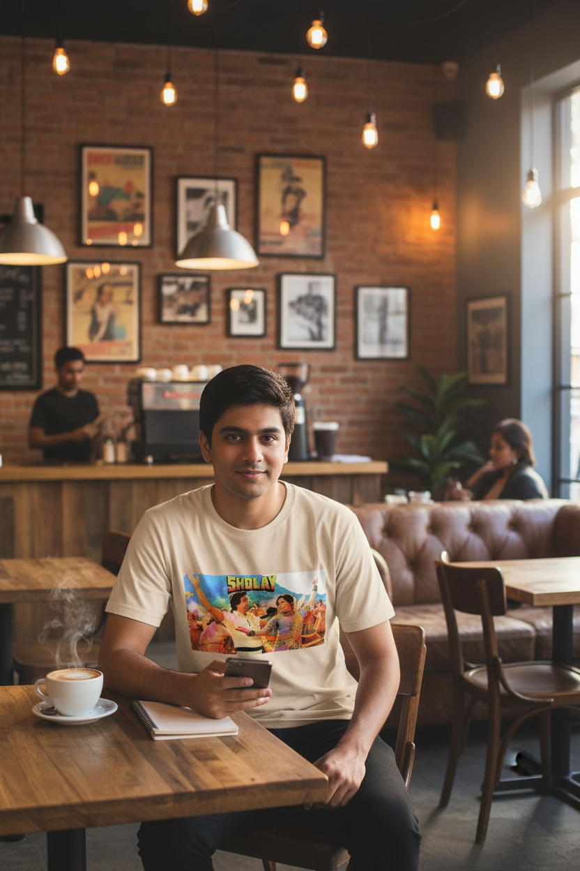 Model wearing sand Sholay T-Shirt in cafe