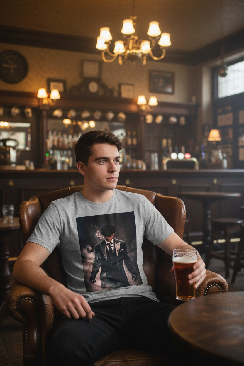 Model wearing grey Peaky Blinders T-Shirt in pub