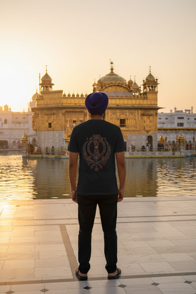 Turbaned man in black Khanda t-shirt at golden temple