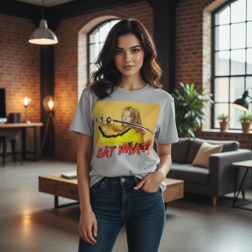Female model wearing Say What Kill Bill grey graphic tee indoors
