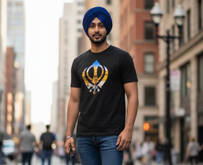 Indian man wearing turban and black t-shirt with Khanda design on urban street