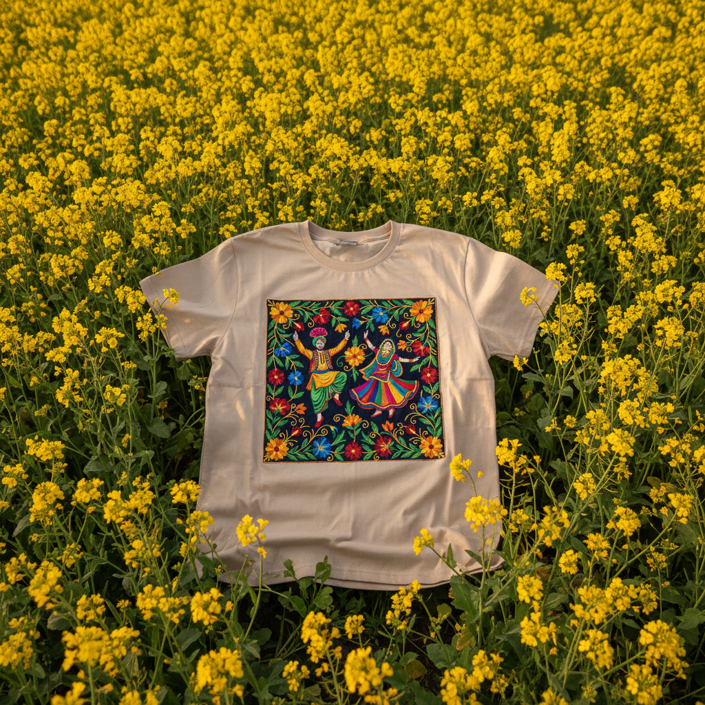 Sand t-shirt Bhangra couple in yellow mustard fields