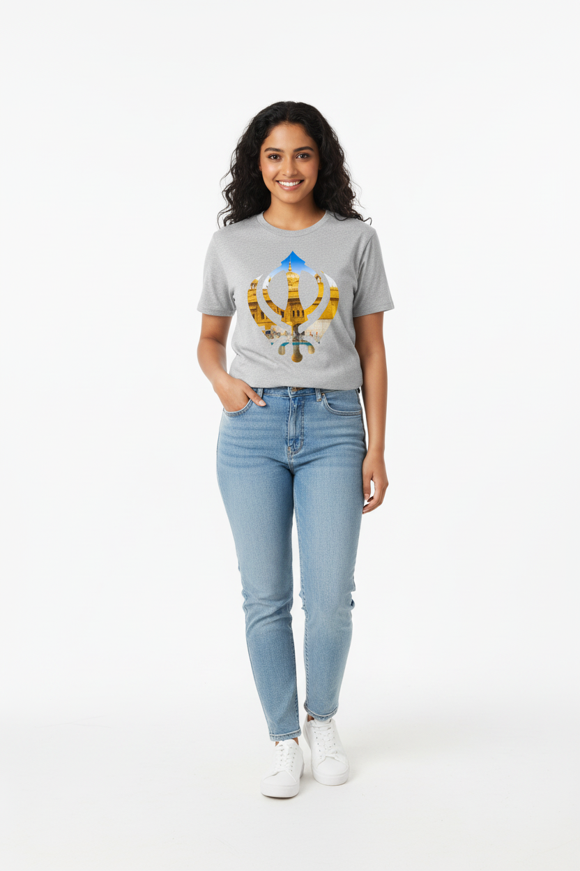 Female model wearing gray t-shirt with Khanda design in studio