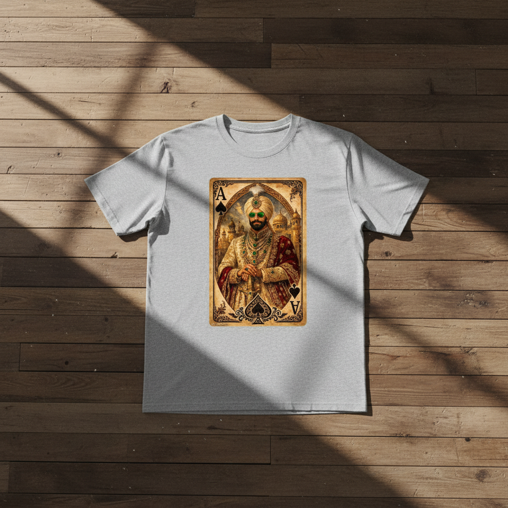 Light grey Maharaja T-Shirt on wooden floor