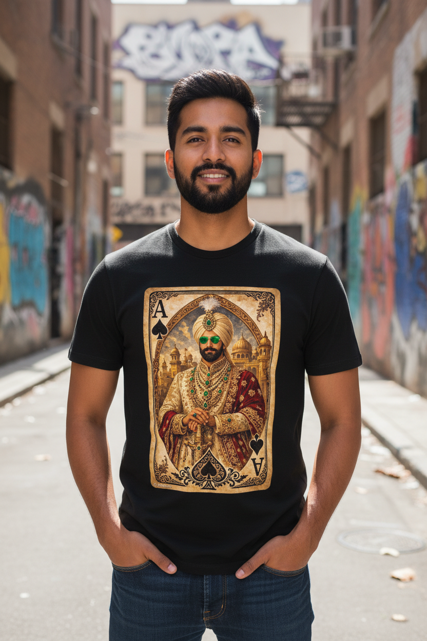 Model wearing black Maharaja T-Shirt in urban street