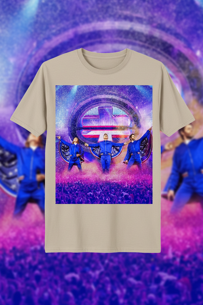Sand Take That concert t-shirt with graphic print in arena setting