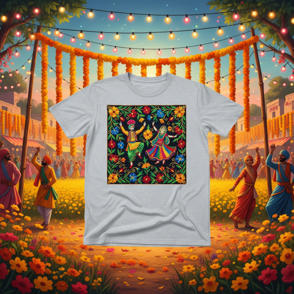 Grey t-shirt Bhangra couple vibrant Punjabi village background